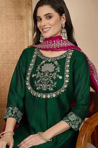 Embroidered round neck a-line kurta & trousers with dupatta
