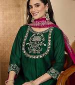 Embroidered round neck a-line kurta & trousers with dupatta