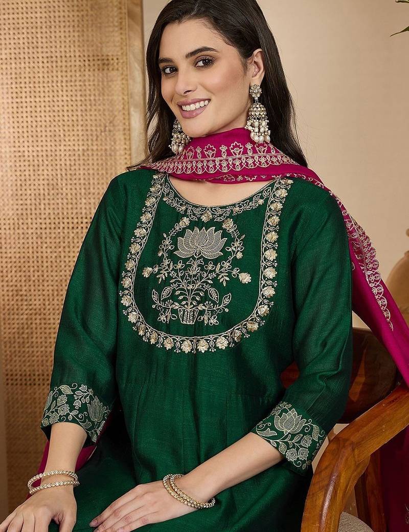 Embroidered round neck a-line kurta & trousers with dupatta