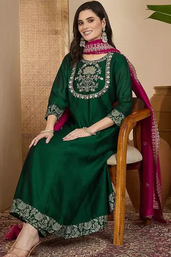 Embroidered round neck a-line kurta & trousers with dupatta