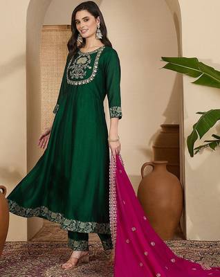 Embroidered round neck a-line kurta & trousers with dupatta 3