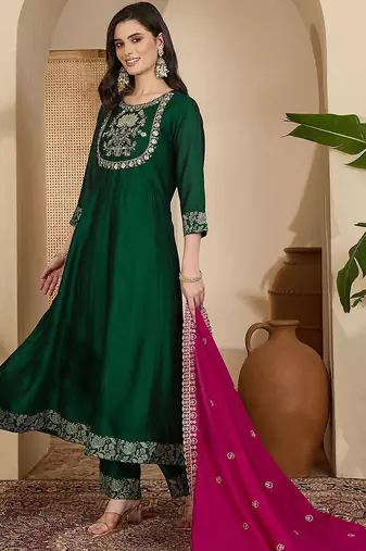 Embroidered round neck a-line kurta & trousers with dupatta