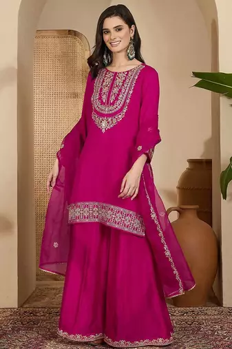 Embroidered sequinned vichitra kurta with palazzo and dupatta