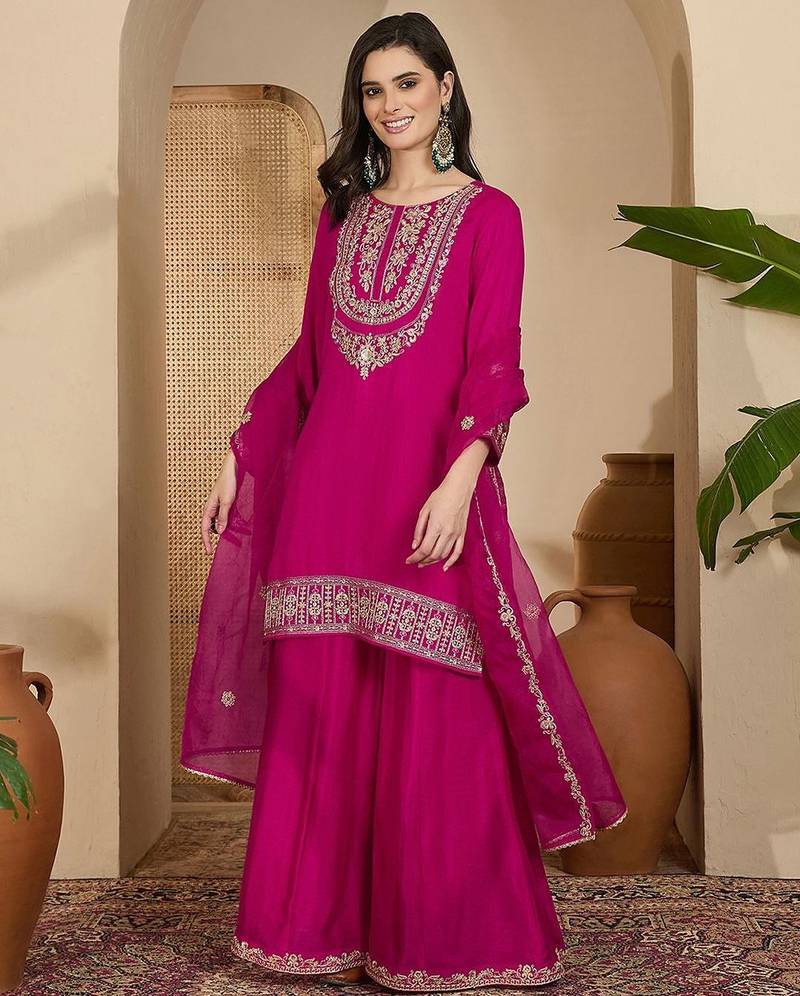 Embroidered sequinned vichitra kurta with palazzo and dupatta