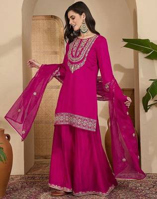 Embroidered sequinned vichitra kurta with palazzo and dupatta 5