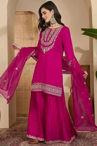 Embroidered sequinned vichitra kurta with palazzo and dupatta