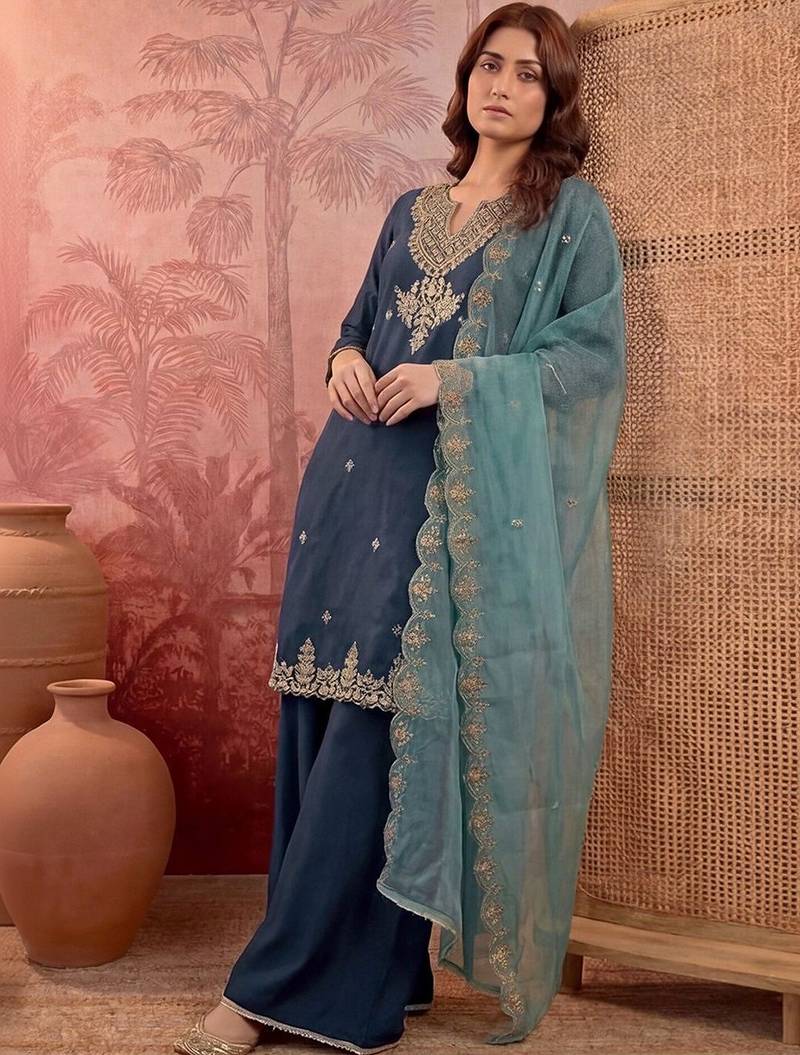 Embroidered round neck kurta & palazzos with dupatta
