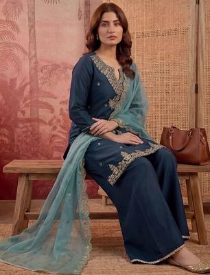 Embroidered round neck kurta & palazzos with dupatta 2