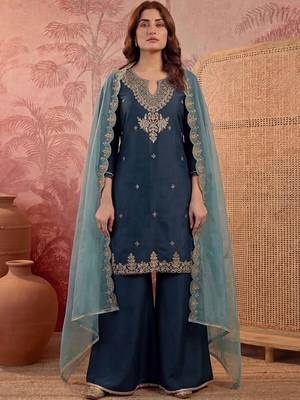 Embroidered round neck kurta & palazzos with dupatta 3
