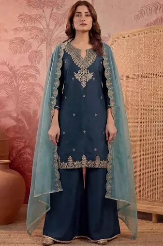 Embroidered round neck kurta & palazzos with dupatta