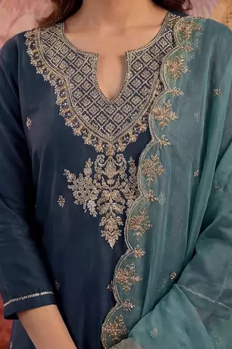 Embroidered round neck kurta & palazzos with dupatta