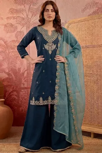 Embroidered round neck kurta & palazzos with dupatta