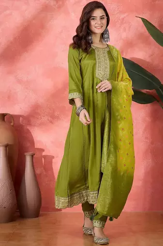 Floral embroidered round neck sequinned a-line kurta with trousers & dupatta