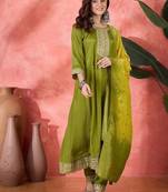 Floral embroidered round neck sequinned a-line kurta with trousers & dupatta