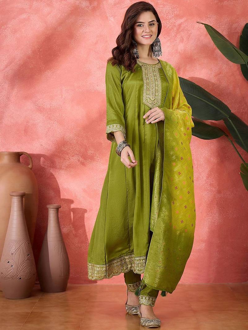Floral embroidered round neck sequinned a-line kurta with trousers & dupatta