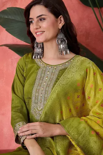 Floral embroidered round neck sequinned a-line kurta with trousers & dupatta