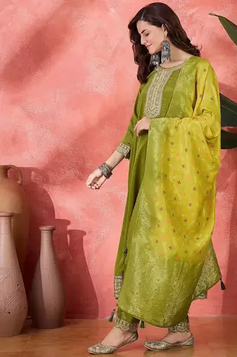 Floral embroidered round neck sequinned a-line kurta with trousers & dupatta