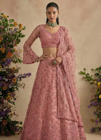 Pink Pure Soft Heavy Butterfly Net Sequins Embroidery Work Bridal Lehenga Choli