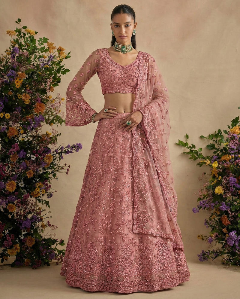 Pink Pure Soft Heavy Butterfly Net Sequins Embroidery Work Bridal Lehenga Choli