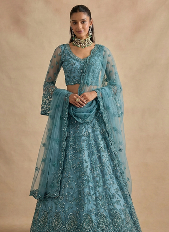 Blue Pure Soft Heavy Butterfly Net Sequins Embroidery Work Bridal Lehenga Choli