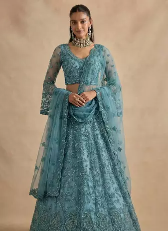 Blue Pure Soft Heavy Butterfly Net Sequins Embroidery Work Bridal Lehenga Choli