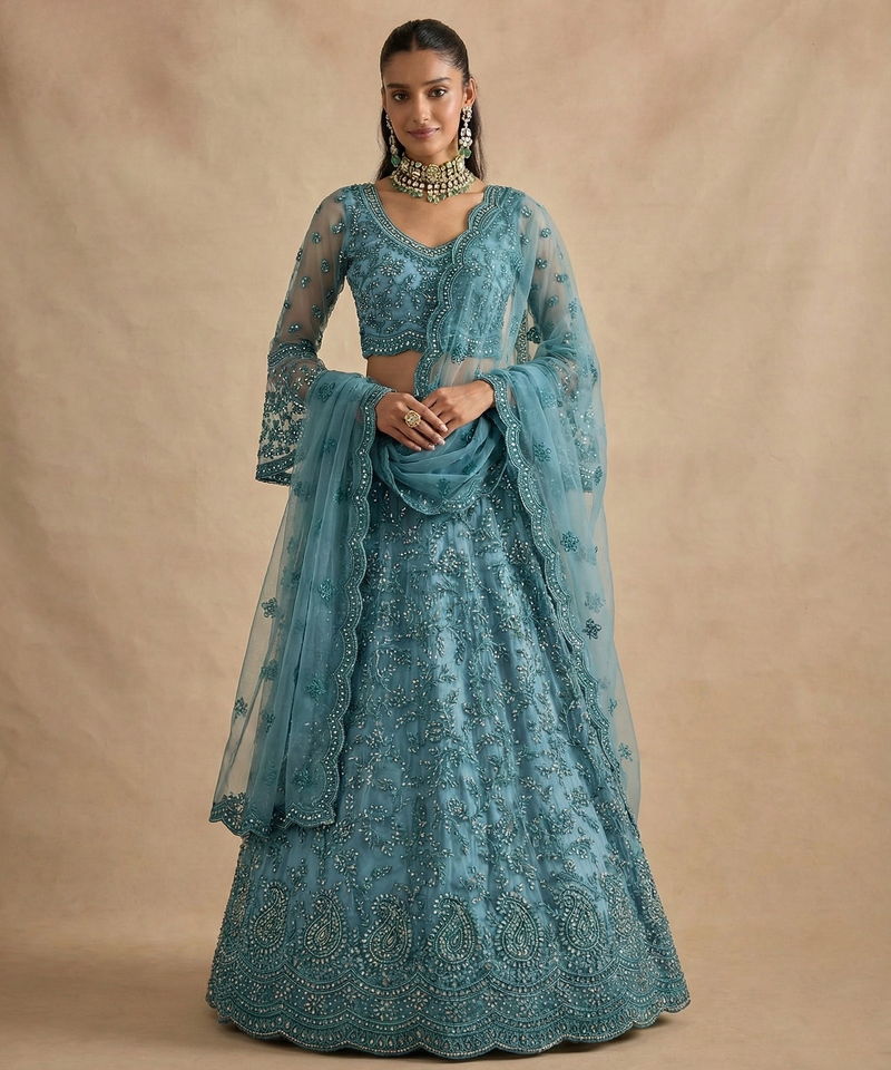 Blue Pure Soft Heavy Butterfly Net Sequins Embroidery Work Bridal Lehenga Choli