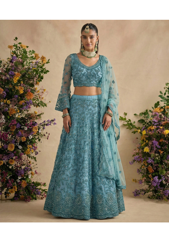 Blue Pure Soft Heavy Butterfly Net Sequins Embroidery Work Bridal Lehenga Choli 2
