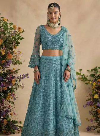 Blue Pure Soft Heavy Butterfly Net Sequins Embroidery Work Bridal Lehenga Choli