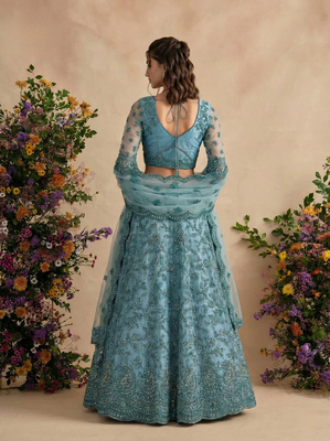 Blue Pure Soft Heavy Butterfly Net Sequins Embroidery Work Bridal Lehenga Choli 3