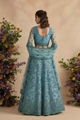 Blue Pure Soft Heavy Butterfly Net Sequins Embroidery Work Bridal Lehenga Choli