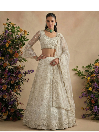 Off White Pure Soft Heavy Butterfly Net Sequins Embroidery Work Bridal Lehenga Choli 1