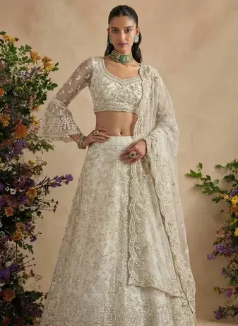 Off White Pure Soft Heavy Butterfly Net Sequins Embroidery Work Bridal Lehenga Choli
