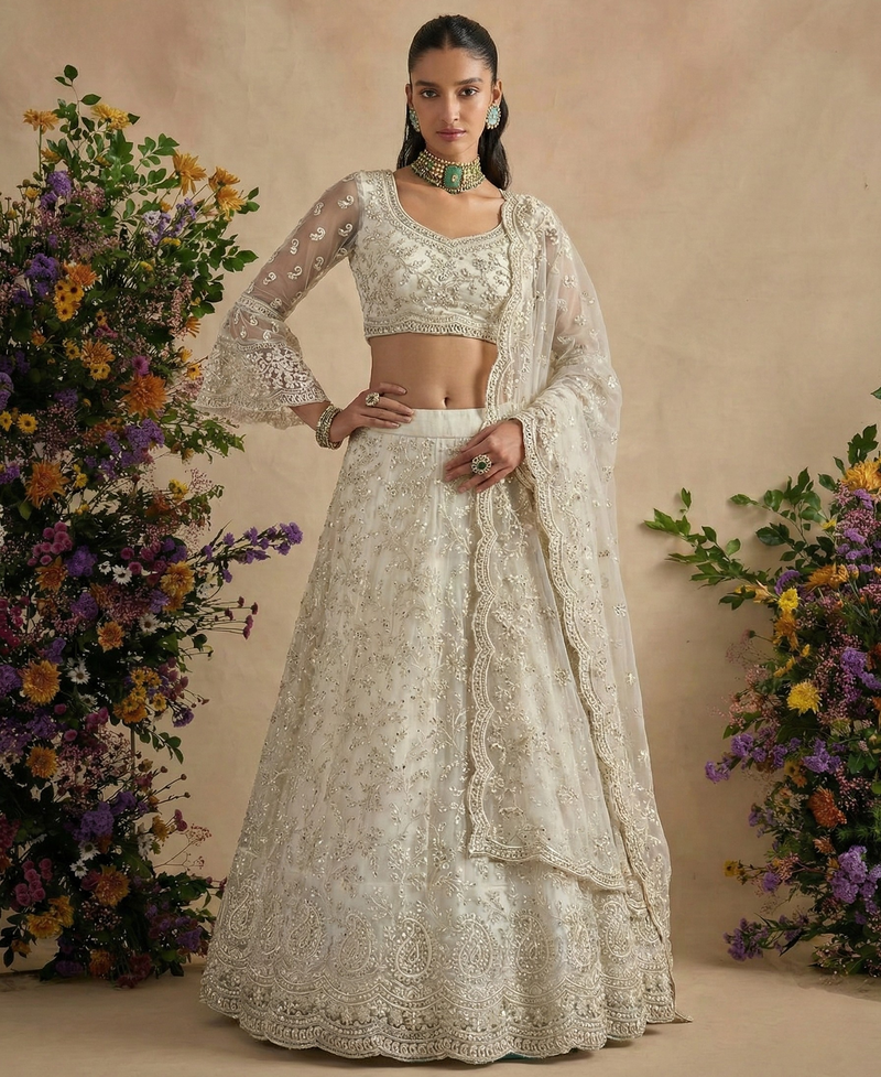 Off White Pure Soft Heavy Butterfly Net Sequins Embroidery Work Bridal Lehenga Choli