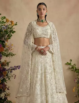 Off White Pure Soft Heavy Butterfly Net Sequins Embroidery Work Bridal Lehenga Choli