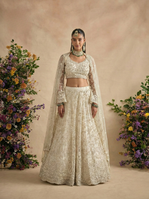 Off White Pure Soft Heavy Butterfly Net Sequins Embroidery Work Bridal Lehenga Choli 3