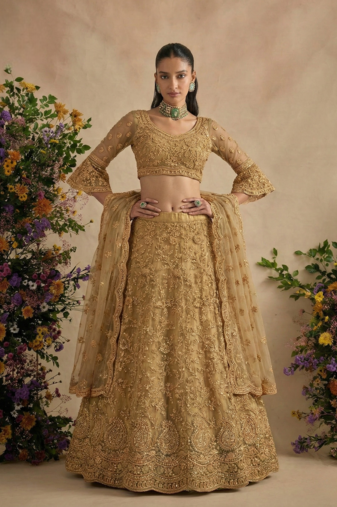 Golden Pure Soft Heavy Butterfly Net Sequins Embroidery Work Bridal Lehenga Choli
