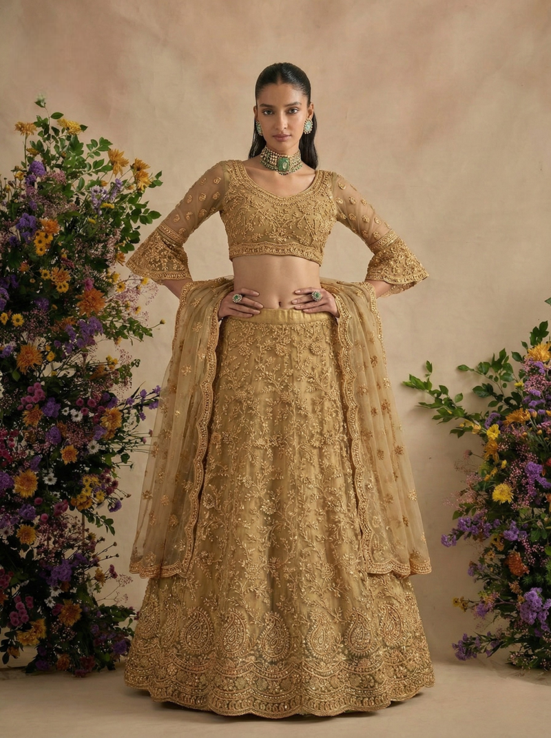 Golden Pure Soft Heavy Butterfly Net Sequins Embroidery Work Bridal Lehenga Choli