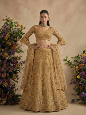 Golden Pure Soft Heavy Butterfly Net Sequins Embroidery Work Bridal Lehenga Choli 1