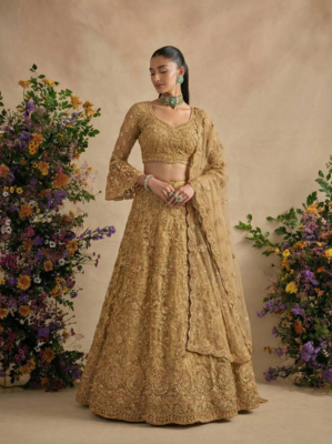 Golden Pure Soft Heavy Butterfly Net Sequins Embroidery Work Bridal Lehenga Choli 2