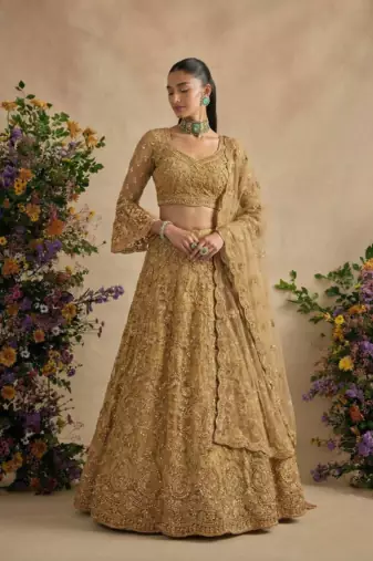 Golden Pure Soft Heavy Butterfly Net Sequins Embroidery Work Bridal Lehenga Choli