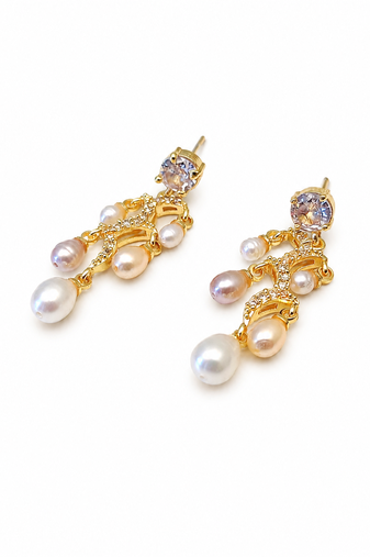 Gold-tone chandelier drop earrings with freshwater pearls and crystal cz stud, 38mm length, 13mm width
