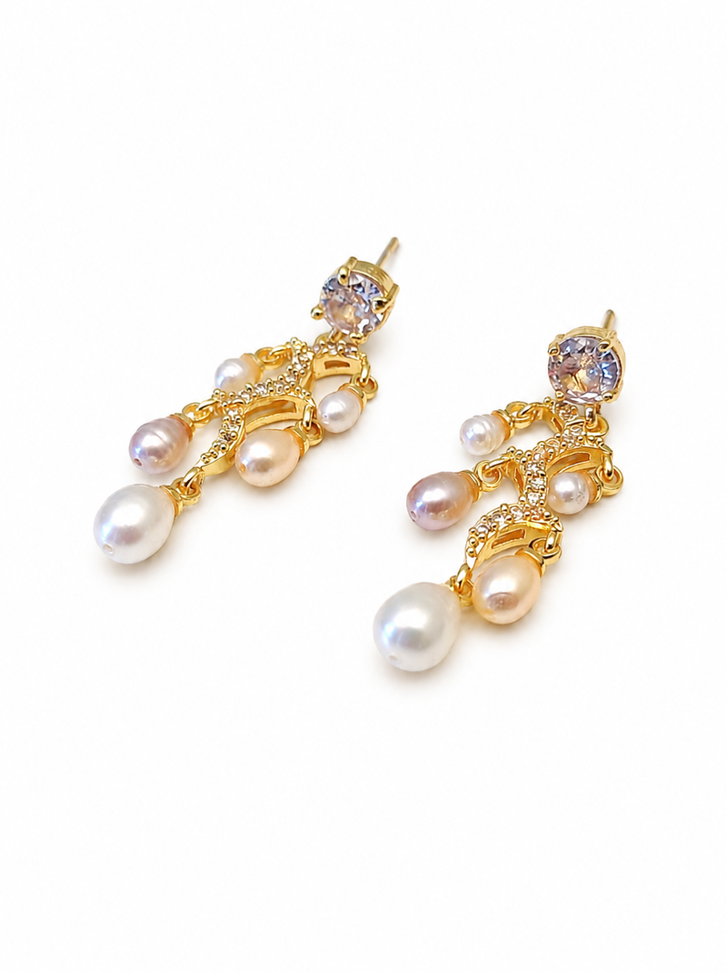 Gold-tone chandelier drop earrings with freshwater pearls and crystal cz stud, 38mm length, 13mm width