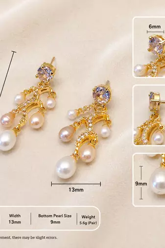 Gold-tone chandelier drop earrings with freshwater pearls and crystal cz stud, 38mm length, 13mm width