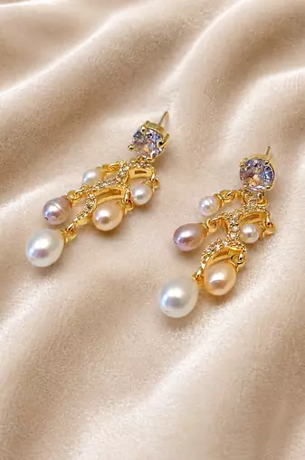 Gold-tone chandelier drop earrings with freshwater pearls and crystal cz stud, 38mm length, 13mm width