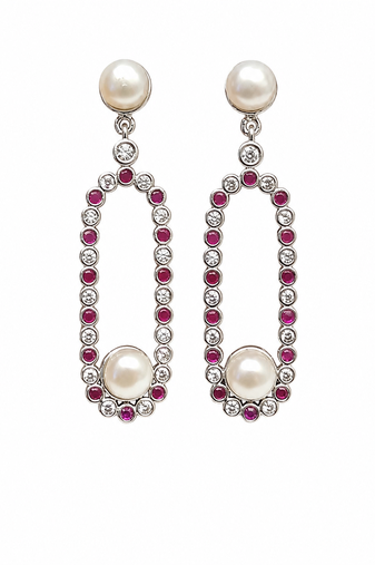 Pearl and ruby cz drop earrings, 925 sterling silver, rhodium plated, oval hoop dangle, 46 mm length