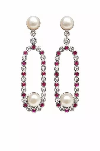 Pearl and ruby cz drop earrings, 925 sterling silver, rhodium plated, oval hoop dangle, 46 mm length
