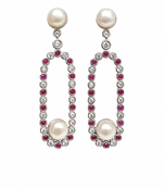 Pearl and ruby cz drop earrings, 925 sterling silver, rhodium plated, oval hoop dangle, 46 mm length