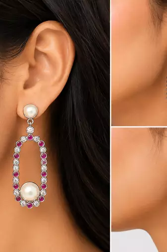 Pearl and ruby cz drop earrings, 925 sterling silver, rhodium plated, oval hoop dangle, 46 mm length