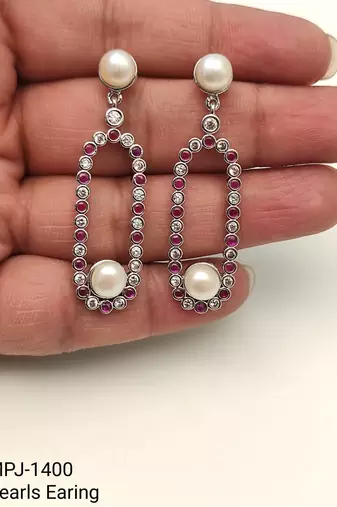 Pearl and ruby cz drop earrings, 925 sterling silver, rhodium plated, oval hoop dangle, 46 mm length