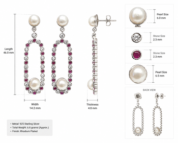 Pearl and ruby cz drop earrings, 925 sterling silver, rhodium plated, oval hoop dangle, 46 mm length 4